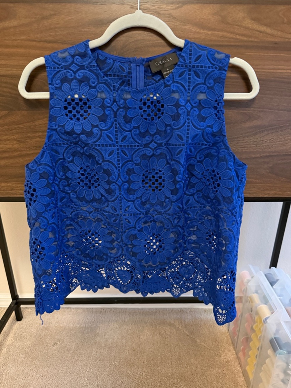 Gracia Cobalt Blue Floral Lace Sleeveless Crop Top